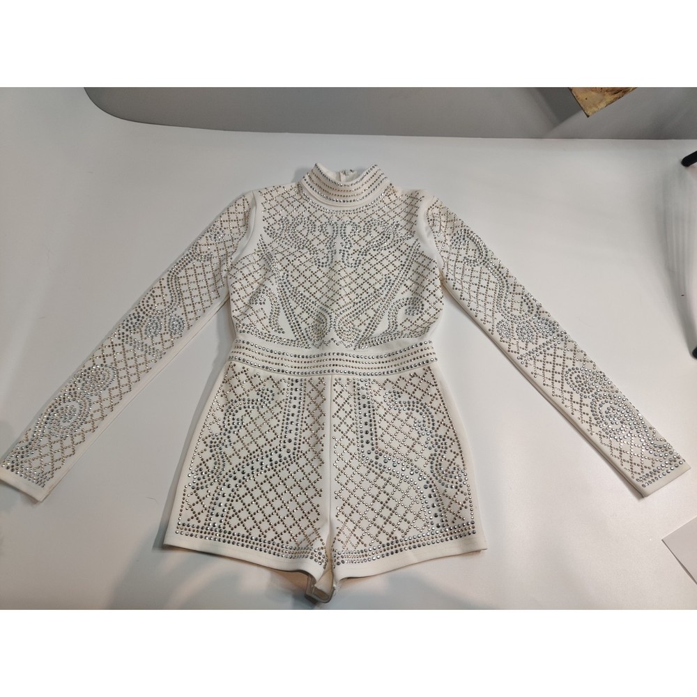 Fashion Nove Long Sleeve Shorts One Piece With Round Metal Stones On Front